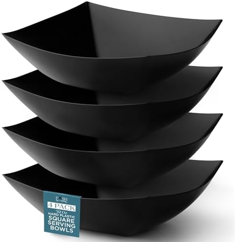 4 Pack Disposable Black Plastic Serving Bowls Square Party Candy Use 32oz