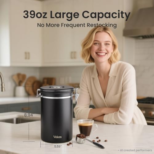 Veken Coffee Canister,39OZ, 2.2lbs,Large Airtight Stainless Steel Container Kitchen Food Storage Jars for Beans,Ground, Espresso, Rice,Tea, Sugar, Cereal, Gifts, Date Tracker, Scoop, Black (Pack of 2)