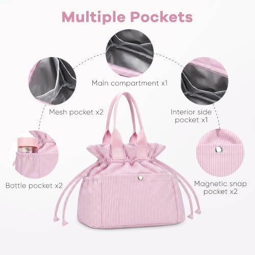 Yarnic Lunch Bag Women Insulated Reusable Lunch Box (Pink Stripes)