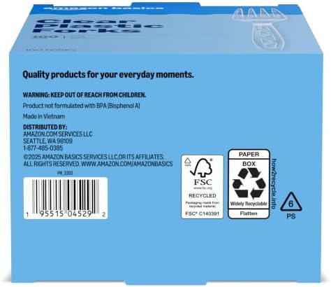 Amazon Basics Disposable Clear Plastic Forks, Premium Quality, 100 Count, Large Pack, Packaging May Vary