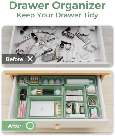 BiuLeon 25 PCS Plastic Drawer Organizers Set, 4-Sizes Vanity and Makeup Organizer, Desk and bathroom Drawer Organizer Trays, Organizers and Storage for Makeup, Jewelry, Gadgets, Utensils (Green)