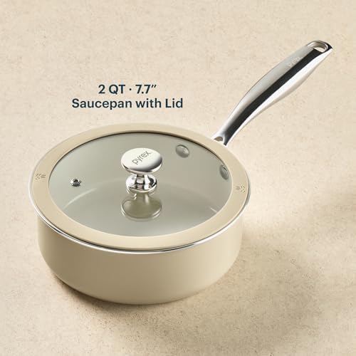Pyrex 7.7-Inch Saucepan Ceramic Cookware with Lid & Stainless Steel Handles