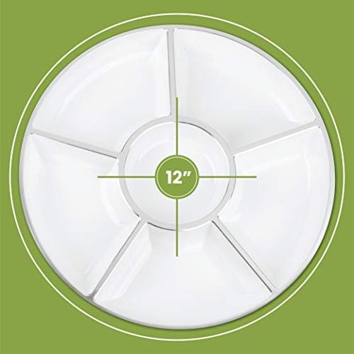 6 Sectional Round Plastic Serving Tray/Platters White W Silver Rim 4 Pack