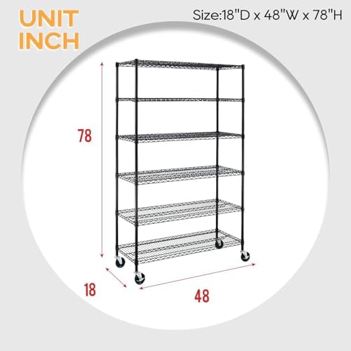 BestOffice | 6-Tier Wire Shelf with Wheels | 18" x 48" x 78" | Black