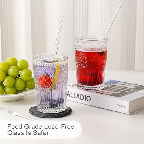 ZMOWIPDL Drinking Glasses Set of 6,13oz Flower Design Clear Glass Cups