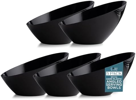 5 Pack Black Angled Plastic Serving Bowl Disposable for Party Table 20oz