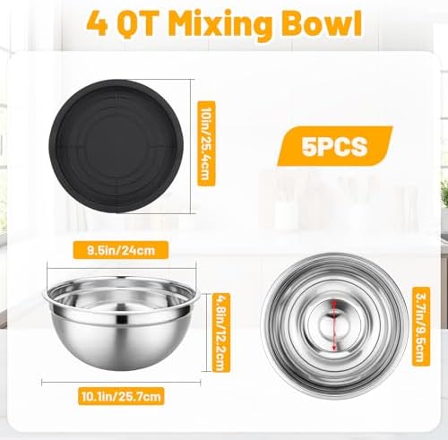 Beasea Mixing Bowls with Lids Set of 5, 4 QT Metal Stainless Steel Nesting Mixing Bowls with Lids, for Baking, Dough Bread Prepping, Salad, Food Serving and Kitchen Storing