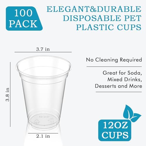 Turbo Bee 12 oz Clear Plastic Cups, 100 Pack, Disposable Cold Drink Cups