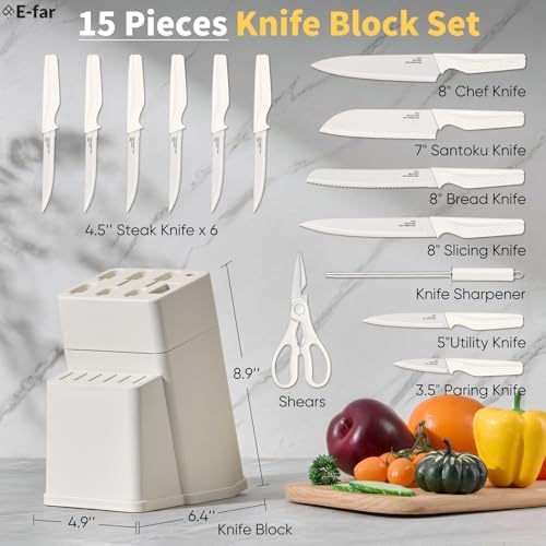 E-far Knife Set, 15-Piece Kitchen Knife Block Set with Sharpener, White