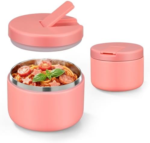 Pawtong 12oz Insulated Vacuum Food Jar with Buckle Lid Wide Mouth Soup Thermo for Hot Food Kids Leakproof Stainless Steel Lunch Container- Pink- 1Pack