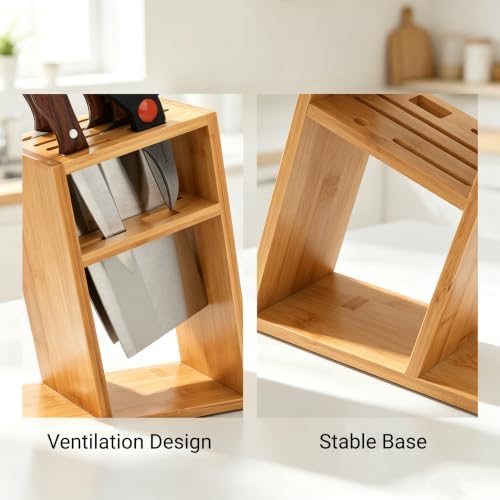 6 Slots Slantend Knife Organizer, Wood Knife Stand Block for Countertop