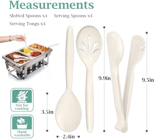 Reusable Plastic Serving Utensils Set of 12, Heavy Duty Wheat straw Large Serving set 10" Serving Spoons/10" Slotted Spoons/9.4" Tongs, for Party Buffet Catering (Khaki, Not for Cooking)