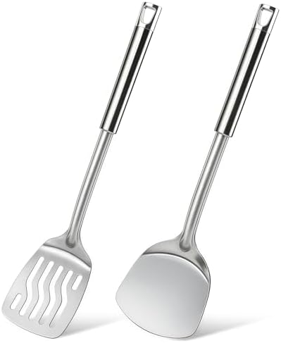 2 Pcs Stainless Steel Spatulas Set, Metal Spatula Solid & Slotted Turner, Heavy Duty Sturdy Spatula for Kitchen Use, High Heat Resistant Cooking Utensils for Fish Eggs Pancakes, Easy to Clean, Silver