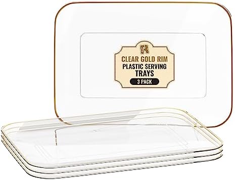 3 Pack Plastic Serving Trays for Party - Gold Serving Tray 8 x 11 Inch - Heavy Duty Dessert Trays for Food - Rectangular Party Serving Trays for Entertaining - Clear Cookie Platters