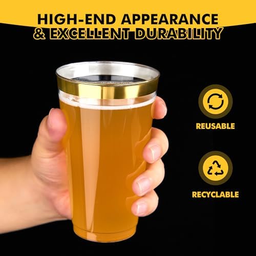 RACETOP 100 Pack 16 oz Gold Rimmed Plastic Cups