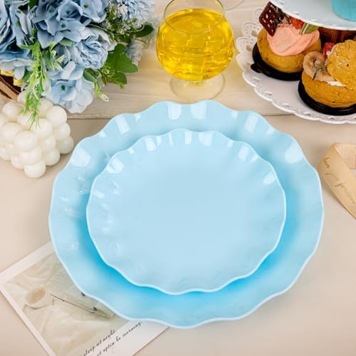 LIYH 24Pcs Light Blue Scalloped Plastic Plates Reusable For Party Events