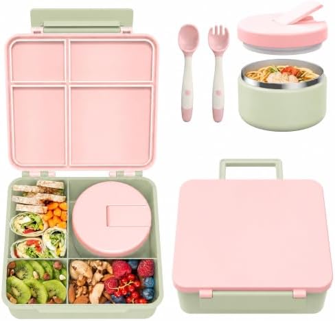 Bento Lunch Box with 8oz Soup Thermo, Kids Leakproof Lunch Food Containers with 4 Compartment, Kids Thermo Insulated Hot Food Jar for School, Trvael (Green-Pink)