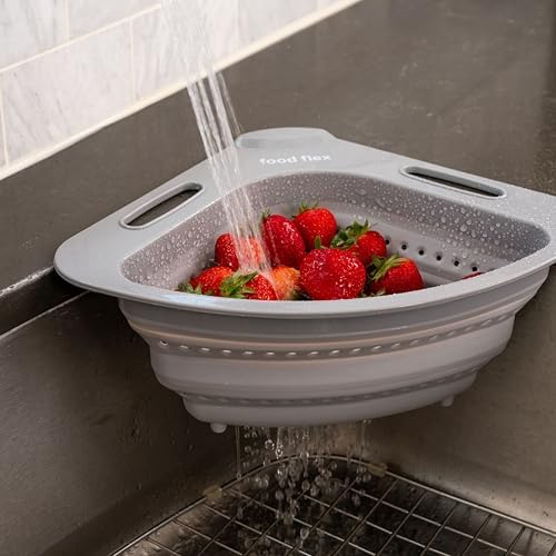 Collapsible Corner Colander – Space-Saving Over Sink Strainer, 3.5 Qt, Grey