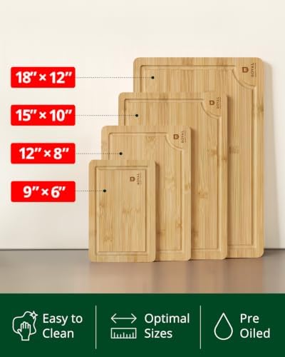 ROYAL CRAFT WOOD Wooden Cutting Boards for Kitchen Meal Prep & Serving - Bamboo Wood Serving Board Set with Deep Juice Groove Side Handles - Charcuterie & Chopping Butcher Block for Meat