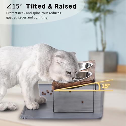 Upgraded Elevated Cat Bowls with Food Mat,15°Tilted Stand Anti Vomiting Raised Cat Dishes for Food and Water,2 Stainless Steel Bowls for Cats and Puppy（Rustic Brown）
