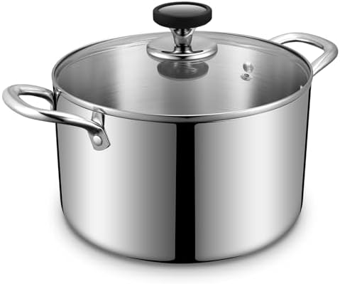 Tri-Ply Stainless Steel Stock Pot, 8 Quart Heavy Duty Induction Cooking Pot with Visible Lid for Pasta, Soup, Spaghetti, Sturdy & Double Handle, Dishwasher Safe