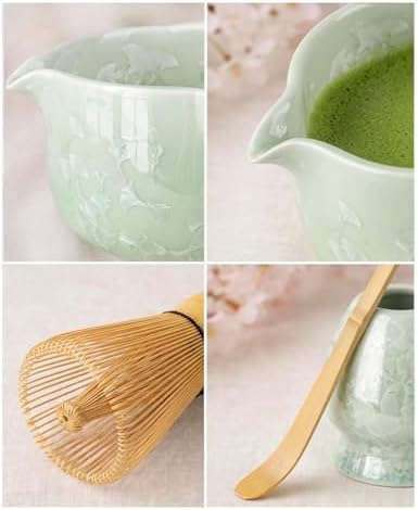 Matcha Set, 4-Piece Matcha Whisk Set with Crystal Glazed Bowl