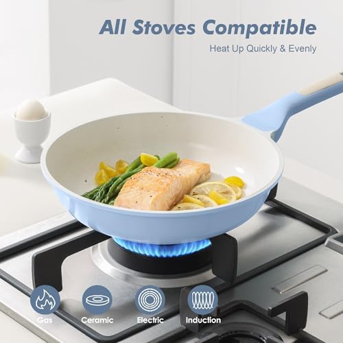SENSARTE Nonstick Ceramic Frying Pan 12.5-Inch, Healthy Non Toxic Skillet, Induction Compatible Omelet Pan with Heat Resistant Handle, PFAS-Free, Blue