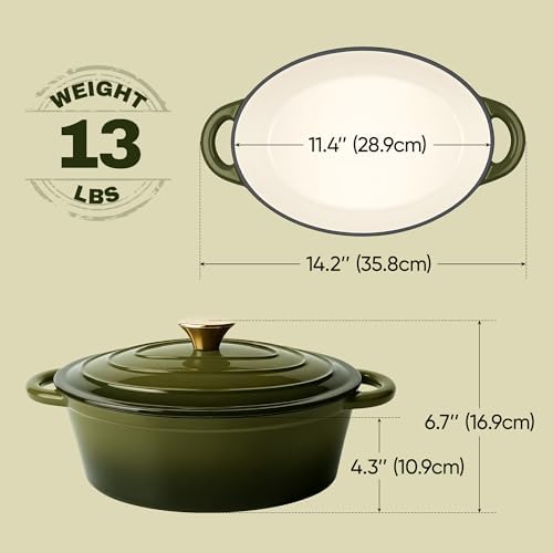 Vintage Style Oval Dutch Oven for Bread Baking, 4.5 Quart Non Stick Enameled Cast Iron Dutch Oven Pot with Lid, Oven Safe Oval Casserole with Lid up to 500°F for Baking, Braising, Stews, Roasting, Golden Green