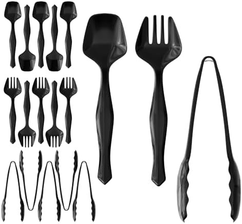 18 Pcs Black Plastic Serving Utensils Set - 6 Black Plastic Serving Spoons, 6 Black Tongs And 6 Forks - Heavy Duty Black Disposable Serving Utensils Set For Parties