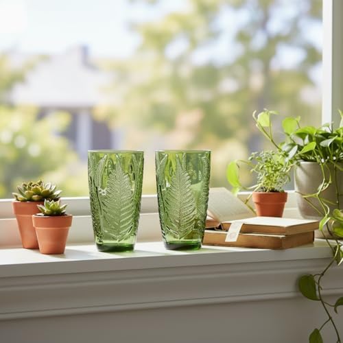 Green Drinking Glasses Set of 8, 16 oz Glass Cups, Vintage Fern Glassware