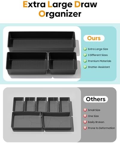 10 Pack Large Size Plastic Drawer Organizers Set, 3 Sizes Desk Drawer Organizer Trays, Storage Bins for Vanity, Makeup, Bathroom, Kitchen Utensils and Office (Black)