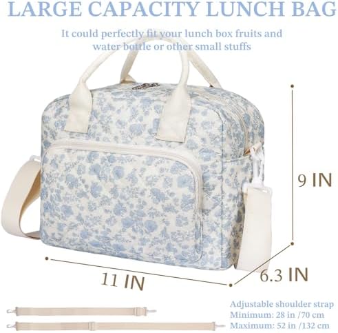 WOBAGMEN Quilted Lunch Box for Women, Insulated Lunch Bag for Adult,Cute Lunch Tote Bags for Work Picnic Travel (Blue Floral,M)