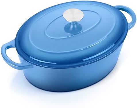E-far 7QT Oval Dutch Oven Pot with Lid, Blue Enameled Cast Iron Dutch Oven