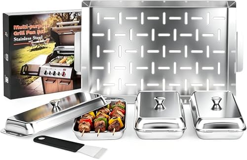 BBQ Vegetable Grill Basket Set, 4 Piece Stainless Steel Grill Pan Set with Universal Handle & lid, Dishwasher Safe, for Outdoor Cooking, Camping, Picnic, For Grilling Fish Veggies & Meats