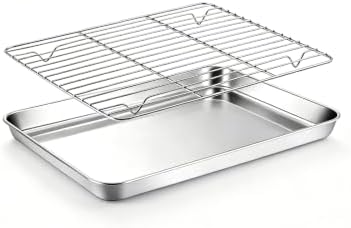 Onader Baking Sheet with Cooling Rack Set, 9¼ x 7 Inch Small Cookie Sheets for Baking, Stainless Steel 1/8 Sheet Pan and Wire Rack Set, Metal Toaster Oven Pan Tray, 1 Pan + 1 Rack