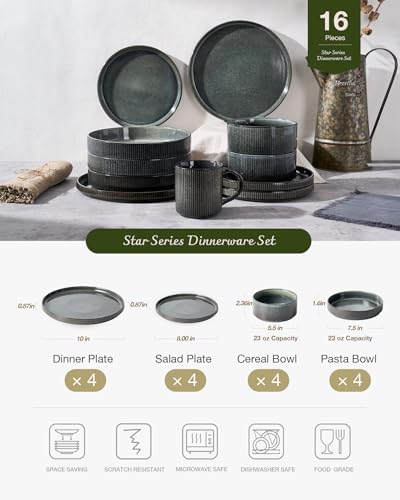Famiware Star Stoneware Dinnerware Sets with Pasta Bowls, 16pc Dishes for 4