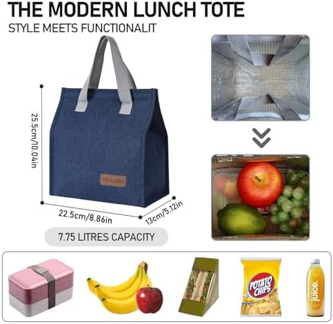 TELLUMO Insulated Lunch Bag for Men Women, Large Reusable Leakproof Lunch Box Container, Small Portable Thermal Snack Bag, Reusable Travel Office Work Beach Cooler Tote Bag for Adults, Blue