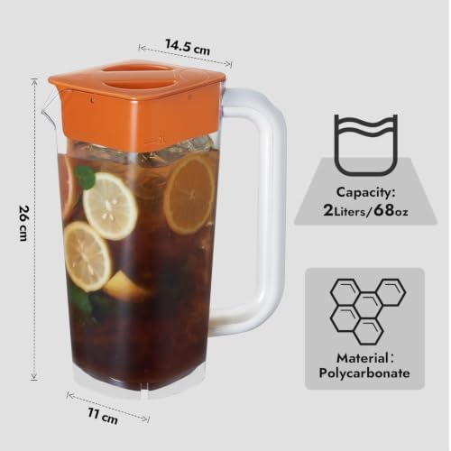CURTA 2 Pack 2 Liters/68 oz Plastic Pitcher with Lid & Handle for Kitchen,ICED JUICE and Coffee Carafe Beverage Serveware, Acrylic Water Jug for Hot/Cold Drinks&lemonade