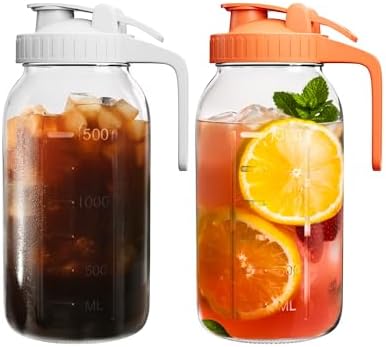 Mason Jar Pitcher Set of 2, 64oz (2quart) Glass Pitcher with Lid for Tea