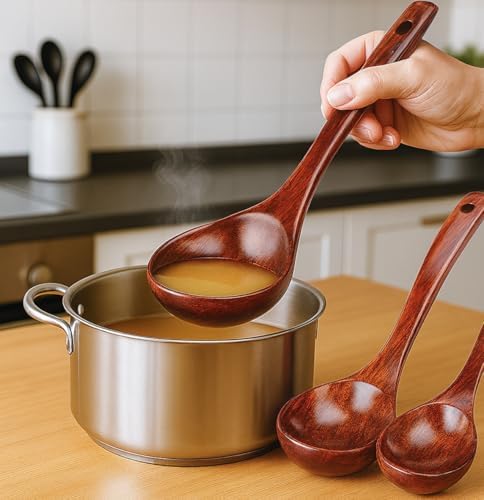 HANSGO Wooden Ladle for Soup, 3 Size Wooden Spoons for Deep Pot & Bowl, Heat Resistant Handles, Non-Stick Wood Kitchen Utensils Set for Cooking, Serving and Stirring Thick Stews, House Warming Gifts