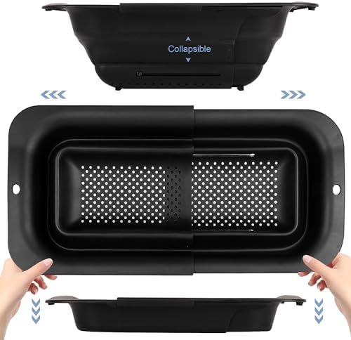 ROTTOGOON 7Qt Collapsible Colander Strainer, Expandable Over the Sink Colander, Adjustable Silicone Kitchen Sink Strainer, Foldable Large Colanders Basket to Wash Vegetable, Fruit, 15" to 19", Black