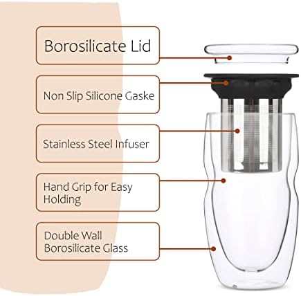 BTaT- Double Wall Glass Tea Cup With Stainless Steel Infuser and Lid, 16 oz, Borosilicate Glass Tea Mug Infuser, Gifts for Tea Lovers
