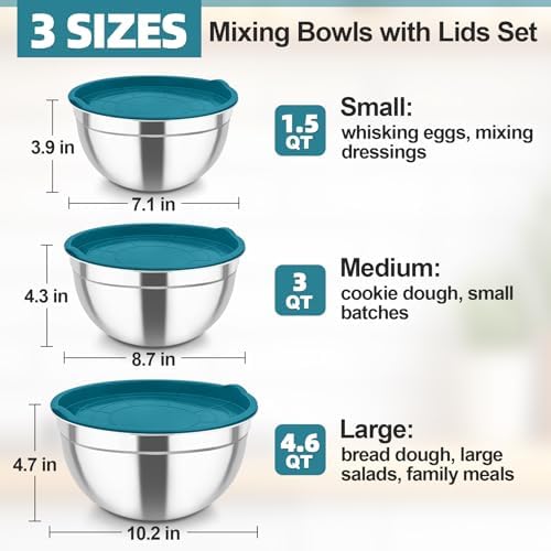 TeamFar Mixing Bowls, Stainless Steel Nesting Salad Bowls & Airtight Lids