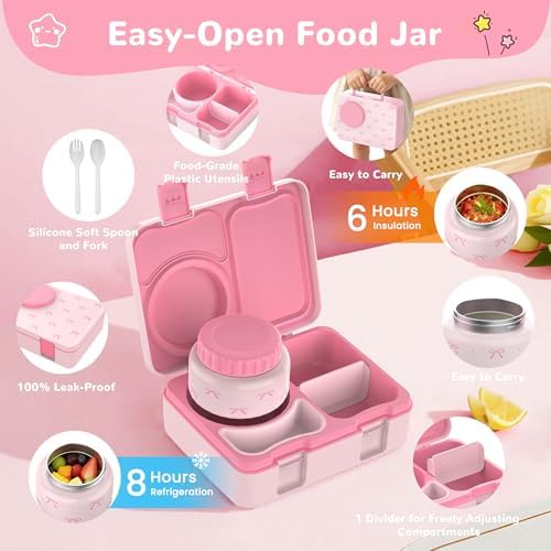 Kids Bento Lunch Box with Food Jar, Water Bottle, Lunch Bag, Bow