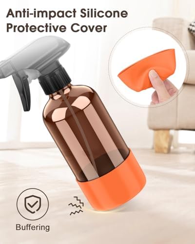 Bontip Glass Spray Bottle with Silicone Sleeve Protection, Amber Glass Spray Bottle Set for Window Cleaner Aromatherapy Facial Hydration Watering Flowers Hair Care 2 Pack/8 oz (Black & Orange)