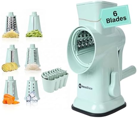 Rotary Cheese Grater with Hand Crank – 6-in-1 Cheese Shredder, 6 Stainless Steel Blades, Reinforced Suction Base, Grater for Cheese, Vegetables, Nuts