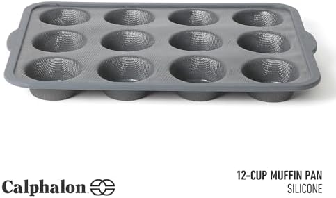 Calphalon Omni 12-Cup Muffin & Cupcake Pan with GlassFlex Technology, Flexible Silicone & Micro-Woven Glass Core for Ultra Airflow Baking, Grey
