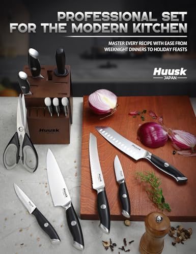 Huusk Kitchen Knife Block Set - Chef Knife Set with Acacia Block Black 14PC