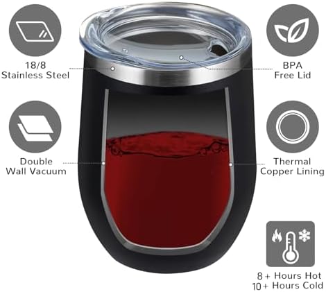 MEWAY 12oz Wine Tumbler 16 Pack Bulk Gifts for Women,Double Wall Vacuum Stainless Steel Travel Mug with Lid,Insulated Stemless Wine Cup Glass for Coffee,Cocktails,Drinks(Black,Set of 16)