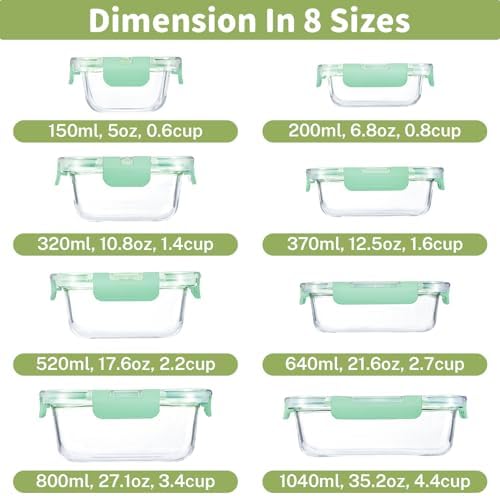 8 Pack Glass Food Storage Containers with Snap Locking Lids for Meal Prep